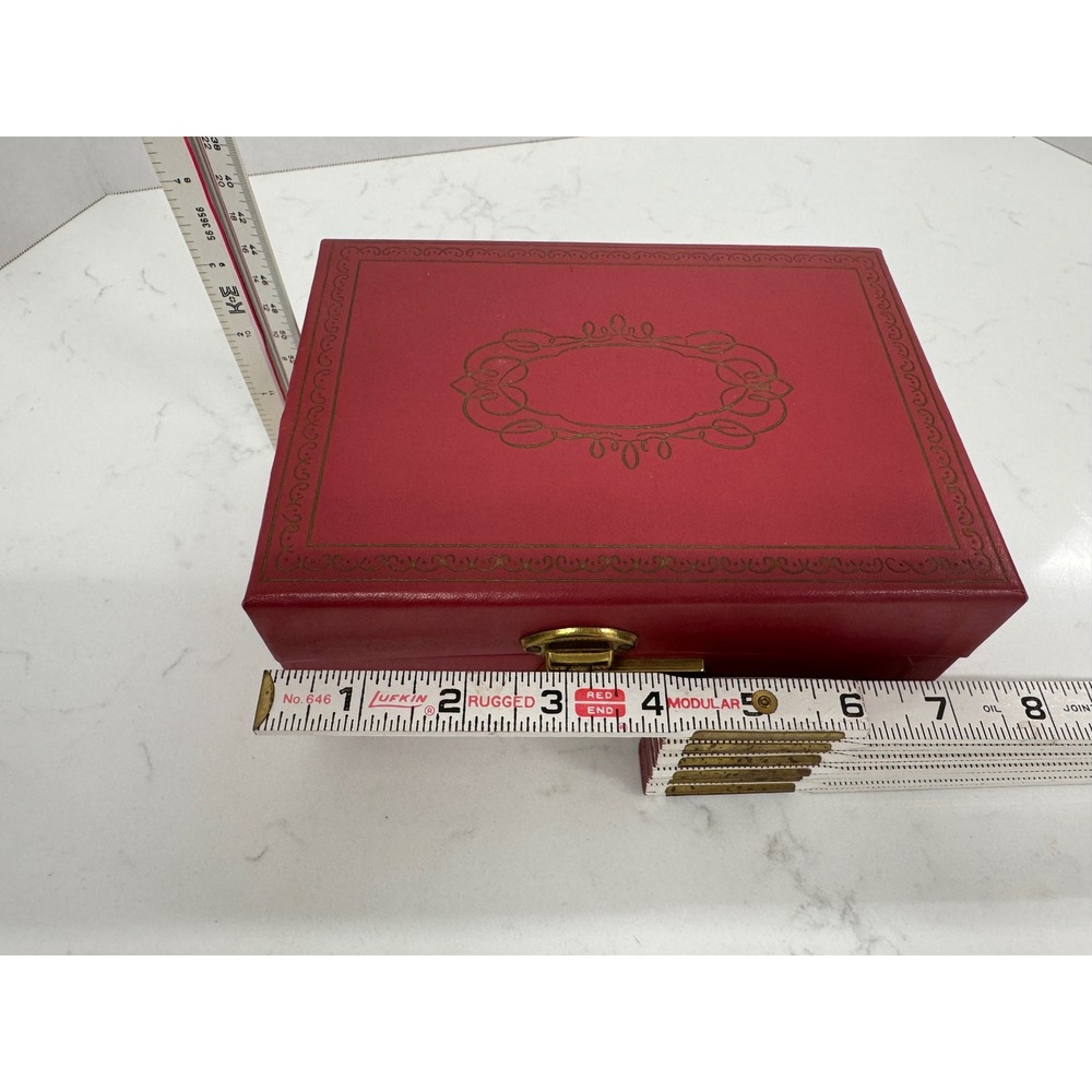 Vintage Red Faux Leather Jewelry Box Gold Filigree Tiered Tray with Key